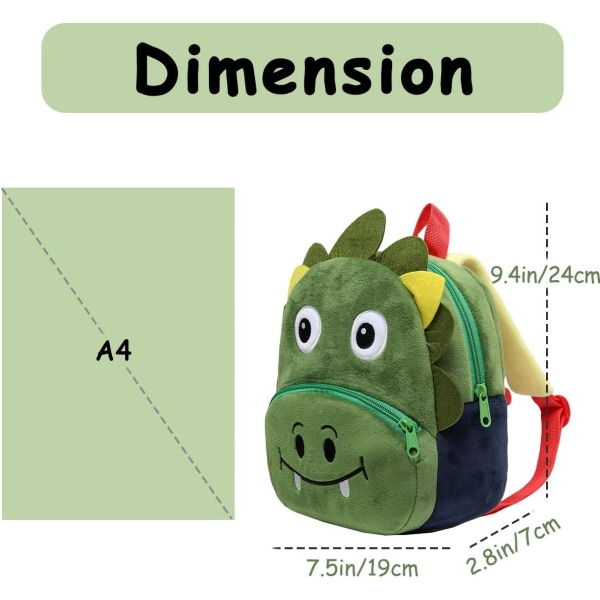 Ryggsäck för småbarn, pojkar och flickor, liten söt djur 3D barnryggsäck, miniryggsäck för barnkammare, mjuk plyschryggsäck för bebis, grön dinosaurie gul