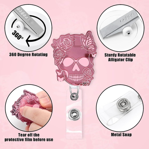Röntgenmärkerullar 4st skelett infällbar märkesklämmahållare med krokodilklämma Halloween rosa spegel Akrylribb Skallemönster Söt Pink