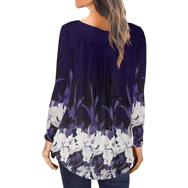 Dame Tunika Topper Ensfarget Plissert V-hals Knapper Bluse Blomstertrykte Damer Blackblue L