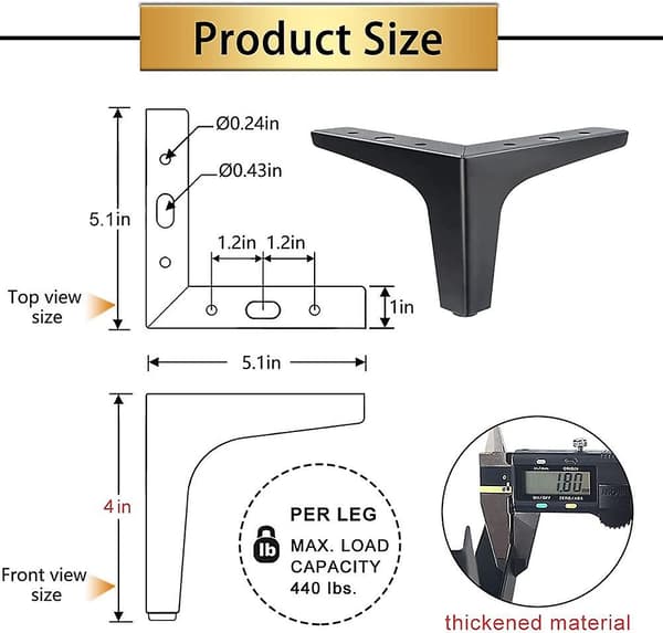 Metall Møbelben Sett med 4, Matt Sorte Sofaben 15 cm, Moderne Stil