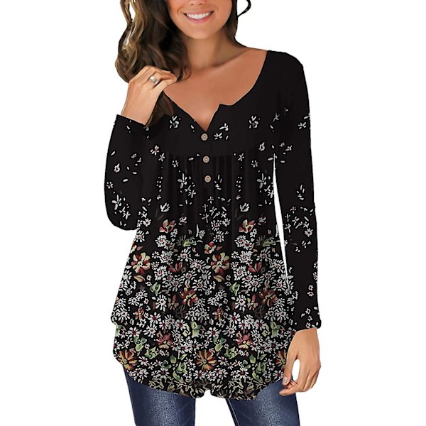 Dame Tunika Topper Ensfarget Plissert V-hals Knapper Bluse Blomstertrykte Damer Feather 2XL