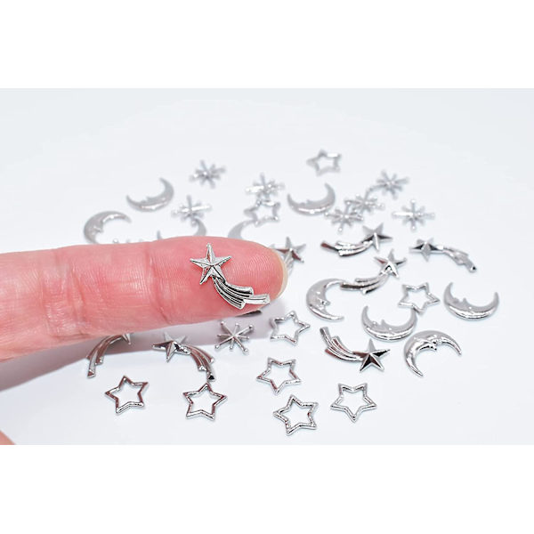 40 stk. Stjerne Måne Negle Charms Til Neglekunst Metal Legering Neglekunst Nitter Til Akryl Negle 3d Negledekorationer Negle Juveler Designer Og Charms (sølv)
