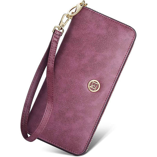 Ko-läder Clutch Plånböcker för Kvinnor Vikbara Plånböcker Stora Plånböcker med Blixtlås, Ko-läder Damtelefonfodral Plånböcker med Handledsrem Kortinnehavare (Lila)