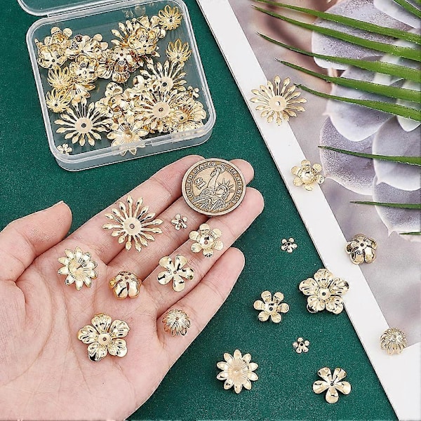 48 stk. 8 Stilarter Metal Filigran Blomsterkapsler 6-25mm Guld Blomsterperlehætter Multi-Kronblad Perlehætte Bails End Charm Kapsler Rustfrit stål Spacer Perler til Øreringe