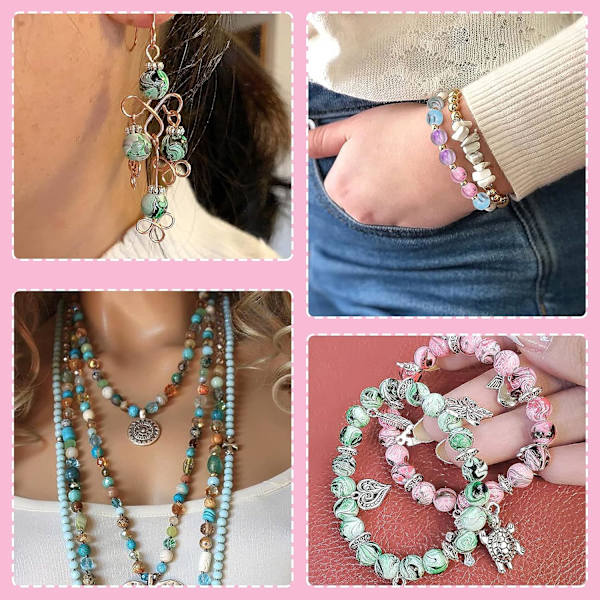 330 st hantverks pärlor för smyckestillverkning, för armband, rymdakryl pärlor i bläckmönster med 50 st distanspärlor och kristallsnöre (8 mm)