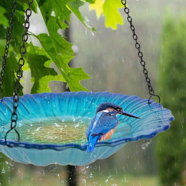 Hängande fågelbad 11 tum utomhusglas blått blomformat fågelbad för trädgårdsinredning