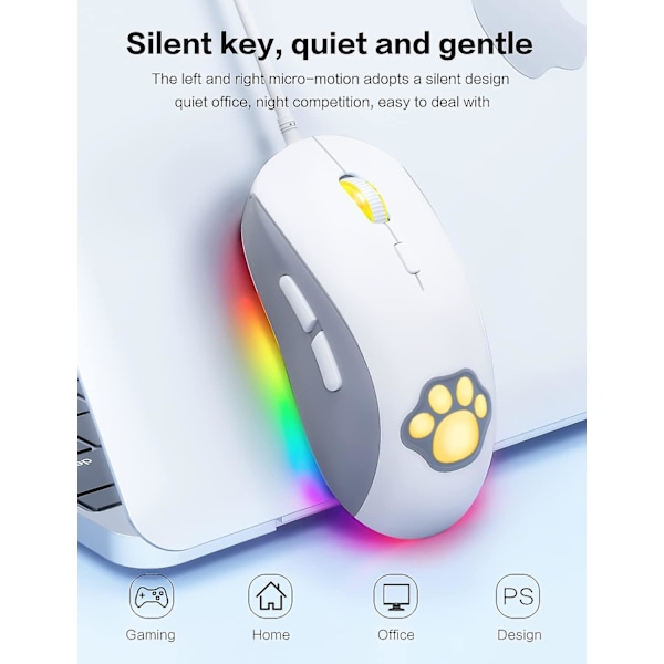 Katt Pot Rgb Gaming Mus, Stille Optisk Datamus Usb Kablet Med 6 Justerbare Dpi Opp Til 7200, Rgb Belysning, 6 Programmerbare Knapper For Windows/vi