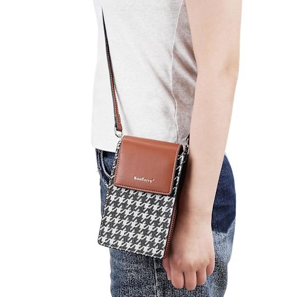 Magnetisk Knapp Spleising Gitter PU Lær Crossbody Veske Liten Skulderveske for Reise, Daglig Bruk Brown