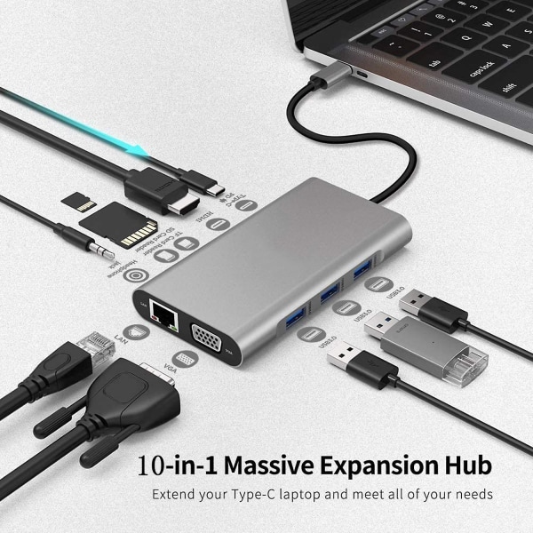 USB C Hub, 10 i 1 USB C Multiport Adapter Med 4k HDMI Vga USB 3.0 100w Pd Och Rj45 Ethernet, USB C Dockningsstation kompatibel med Macbook Pro & Air