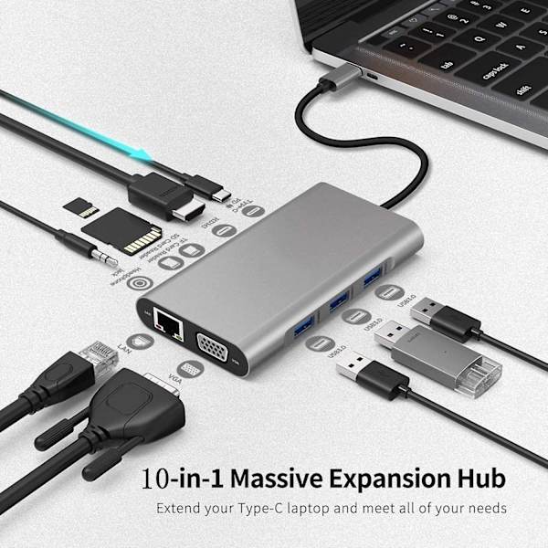 Usb C Hub, 10 i 1 Usb C Multiport Adapter med 4k Hdmi Vga Usb 3.0 100w Pd og Rj45 Ethernet, Usb C Docking Station Kompatibel med Macbook Pro & Air