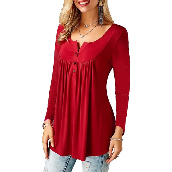 Dame Skjorter Flæse Løs Knap Tunic Toppe Til Kvinder Red C L