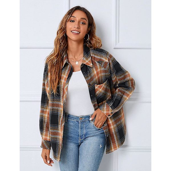 Dame Skjorte med Knapper Flanell Rutete Shacket Langermet Topper Bluser Casual