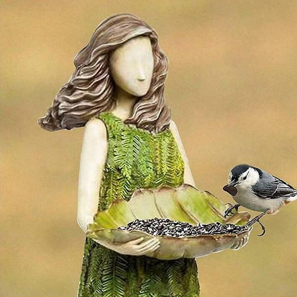 Bregne Fe Statue med Fuglefoder Resin Figur Gudinde Stedsegrøn Udendørs Haveindretning