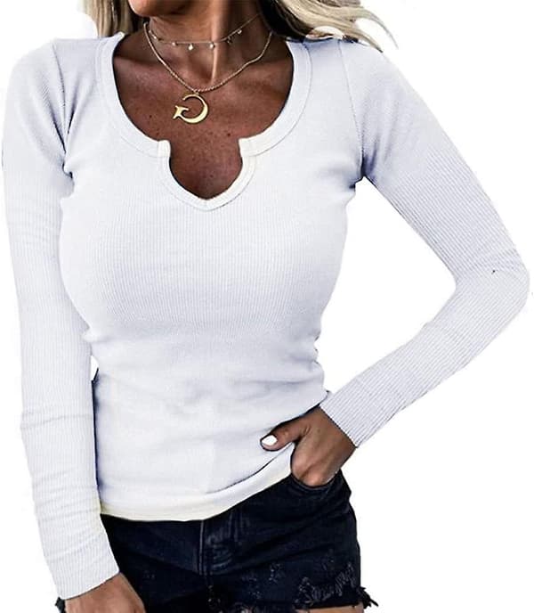 Dam V-ringad Ribbstickad Långärmad Tröja Figursydd Basic Slim Fit Stickad Topp S