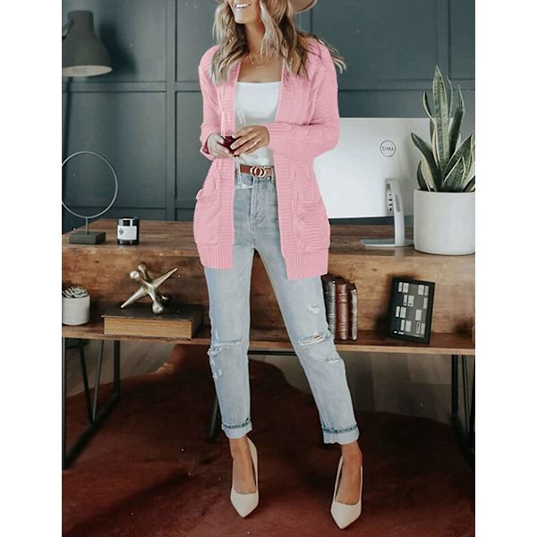 Dam Casual Långärmad Kabel Stickad Cardigan Lös Öppen Front Ytterkläder M