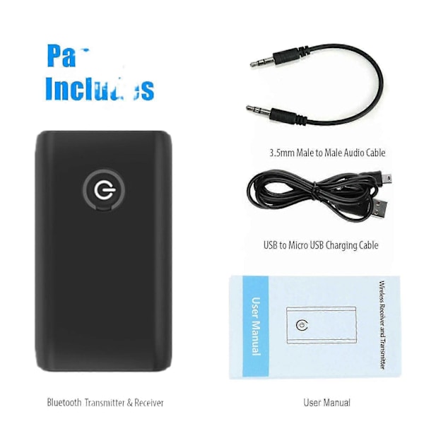 Bluetooth Adapter Audio 5.0, 2-i-1 Trådløs Sender Mottaker, Sender med 3.5mm Kabel for MP3/MP4 Hodetelefoner HiFi Høyttaler Radio