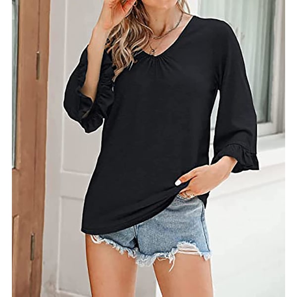 Dame Ensfargede Topper Casual V-hals Ruffle 3/4 Bell Erme Bluse Tunika Løs Skjorte Black A M