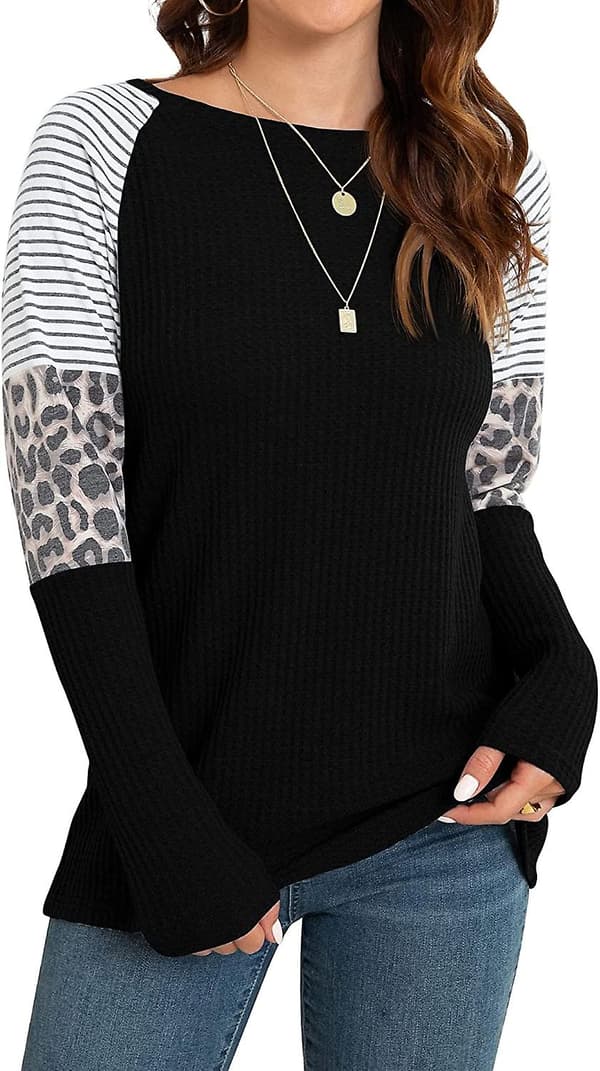 Langærmede toppe til kvinder Vaffelstrikkede tunikaer Leopard Splicing Løs Bluse Damer Black XL
