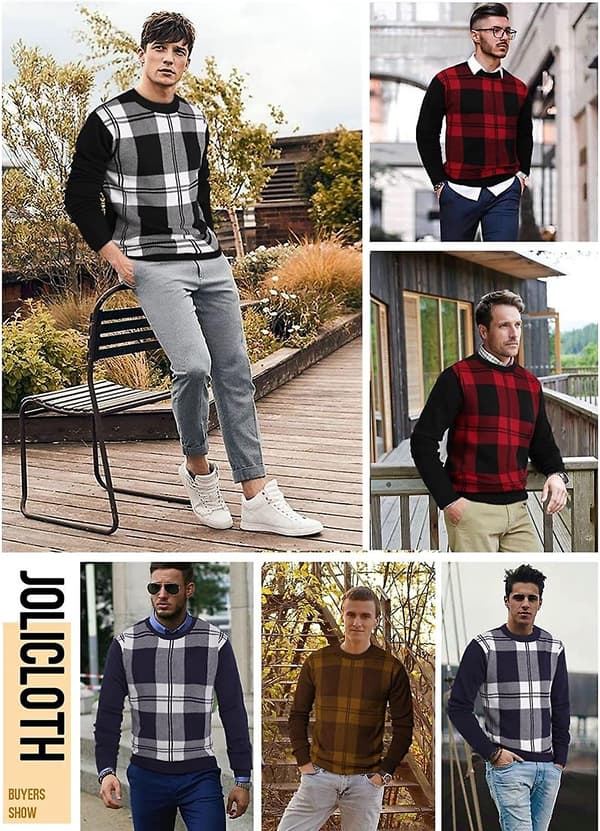 Herre Jumper Vinter Plaid Sweater Rund Hals Pullover Jumpere Strik Casual Efterår