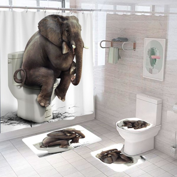 4 Dele Dyreforhæng til Brusebad med Skridsikker Måtte, Toiletlåg og Bademåtte, Vintage Vandtæt Bruseforhæng til Badeværelse med 12 Kroge