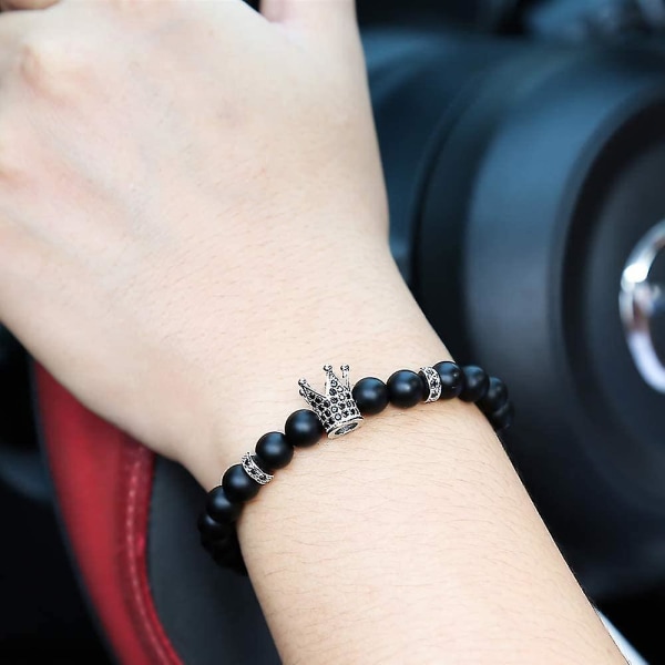 Svart matt pärlarmband 8mm Onyx sten armband set charm kunglig krona Silver