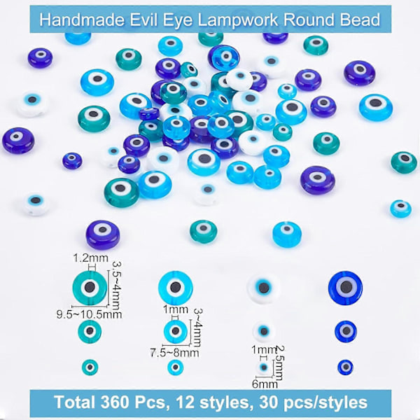 360 kpl Paha silmä -helmet lasia 4 väriä Käsintehdyt lampwork-helmet Litteät pyöreät lasiset paha silmä -helminauhat