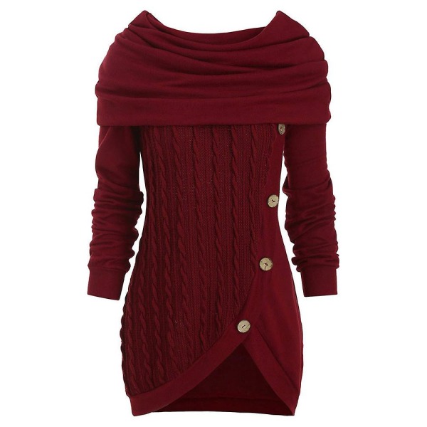 Dame plus size ensfarvet syning fastgørelse dekoration hætteklædte uregelmæssig strik sweater Khaki S