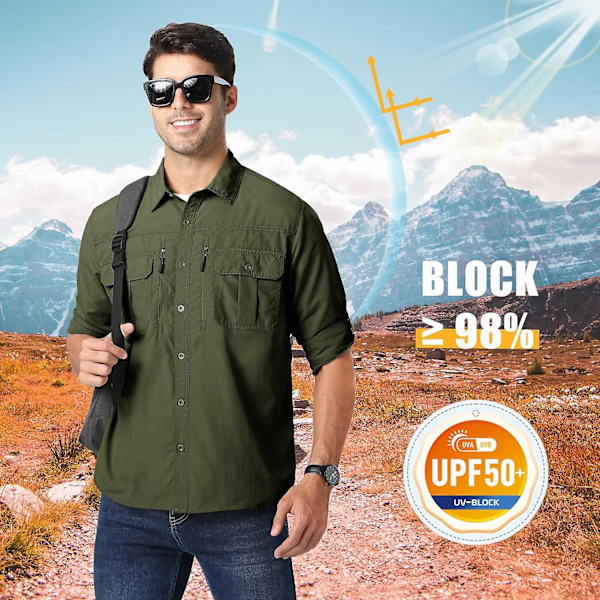 Men's Upf 50+ solskyddsskjortor - Button Down långärmad skjorta för vandring,