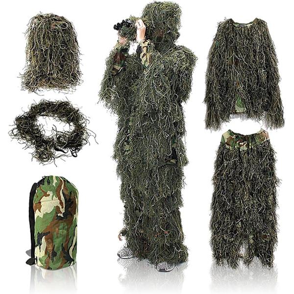 5-i-1 Ghillie Suit, Lätt Woodland Ghillie Suit, Kamouflagejaktkläder, Passar för Personer med en Längd på 175-188 cm