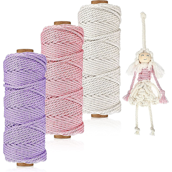 3 Rullar Makrame-Snöre 4 Mm X 54,7 Yard Naturligt Garn Snöre Färgglatt Makrame-Rep Polyester Stickgarn För Väggbonader, Växtupphängningar, Underlägg, DIY