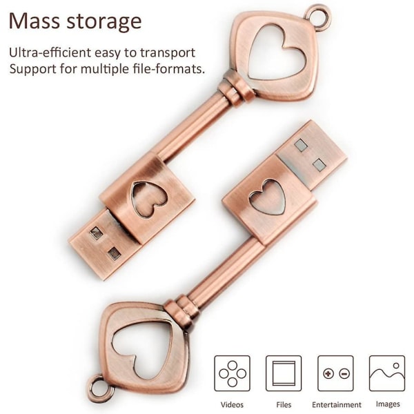 Kärleksknuten Flash-enhet Hjärtformad USB-minne Metall Zip-enhet Retro Födelsedag Bröllopsgåva Datalagring Foto Stick För Familj, Barn, Vänner, Studenter 32GB Love Key