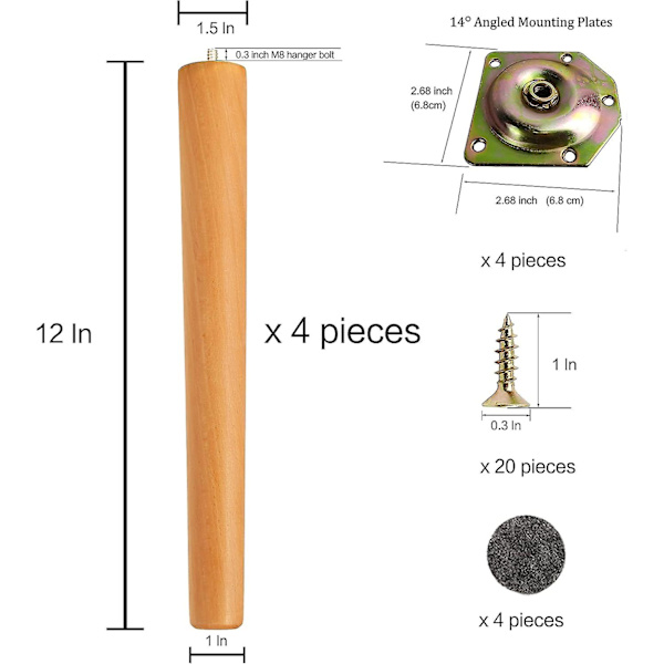 12 tommer møbelben, runde massive træbordsben, midt århundredes moderne erstatningsben perfekte til Ikea bord, sofa, seng, sofabord bensæt 12inch 12*2.375*1.625 inches
