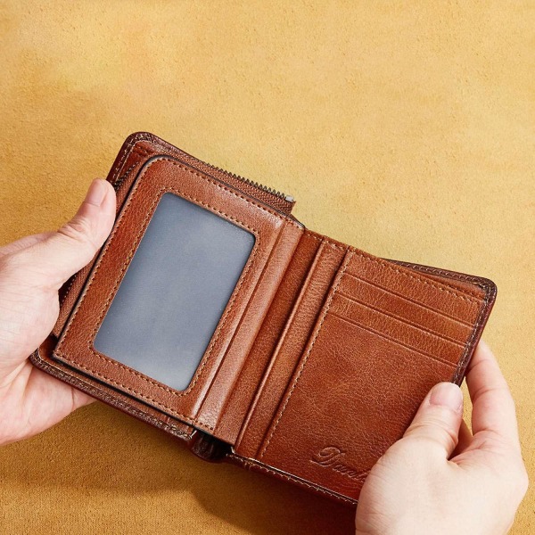 Retro Top Layer Kohud Herr Kort plånbok RFID-blockerande myntkortshållare med dragkedja Brown