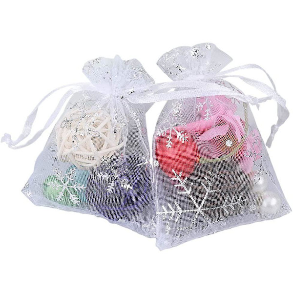 Snefnug Organza Poser til Jul, 100 Stk. Hvide Organza Gaveposer, 7 x 9 cm Organza Poser med Snøre til Jul, Bryllupsgaver, Smykker