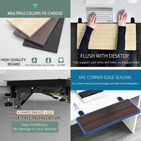 Ergonomisk Skrivebordsforlængerbakke, 21,7\"x9,5\" Punch-Free Klemme på, Foldbar Tastaturskuffebakke, Bordmonteret Arm Håndledsstøttehylde