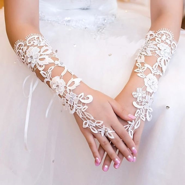 Nye Bryllupstilbehør Fingerløse Paljetter Rhinestone Bryllupsblonder Hanske