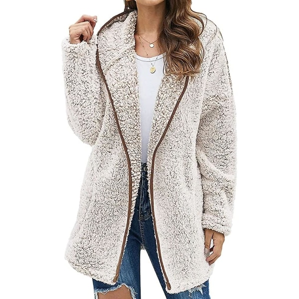 Dam Huva Fuzzy Fleece Coat Solid Oversized Kontrastfärg Kantband Vinter Varm Pälsjacka Ytterkläder M