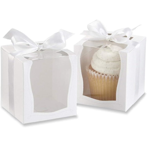 12 stycken vita fönster Cupcake lådor, engångs tårtbehållare, med innerbricka och vitt band, för tårta godis tårta födelsedagsfest