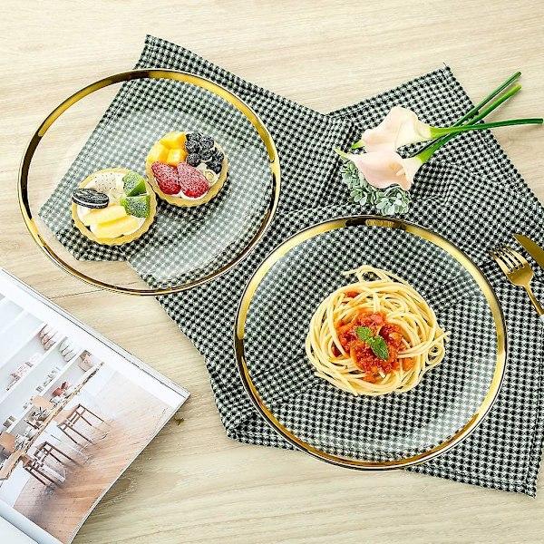 Glaspresentationsplattor Stor serveringsplatta med guldram. Middagsplatta 26cm