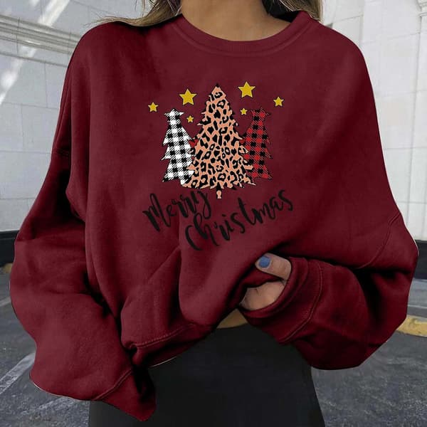 Bluse for kvinner, løs juleprint genser med rund hals (damer)