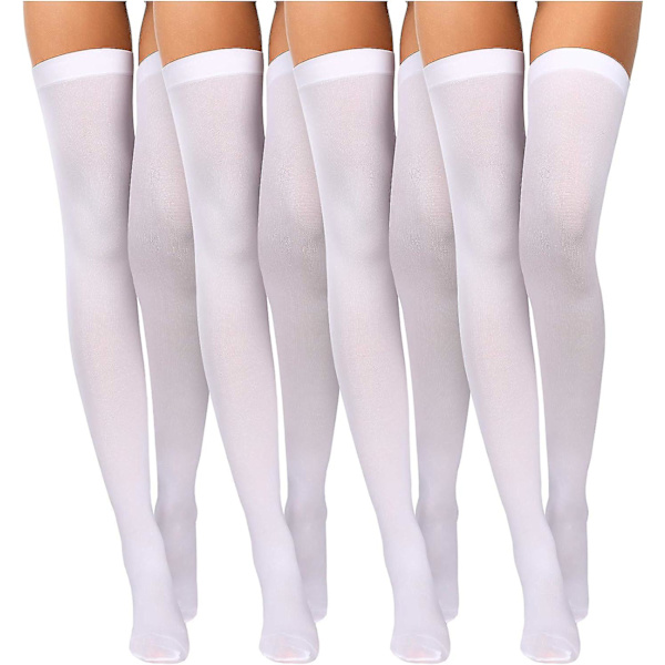 4 par silke lårhøye strømper i nylon for kvinner Halloween Cosplay kostyme White M