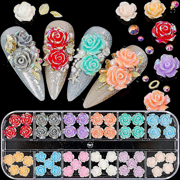 3D Rosblommor Nagelcharm Akryl Färgglada Rosblommor 3D Nagelkonst Charm Ab Röd Rosa Blå Vit Grön Blommor Nagelcharm Flatback Konsttillbehör Su