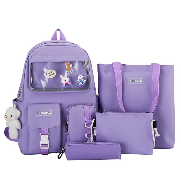 4 st/set skolryggsäckar för kvinnor, skolväska i canvas med prästkrage för tonåringar, flickor, studenter, högskoleväska, pojkar, axelväska, bolsas mochilas G purple