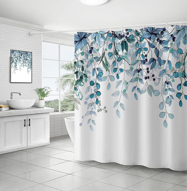 Duschdraperier, badrum duschdraperi med 12 krokar, vattentät polyester Blue Leaves