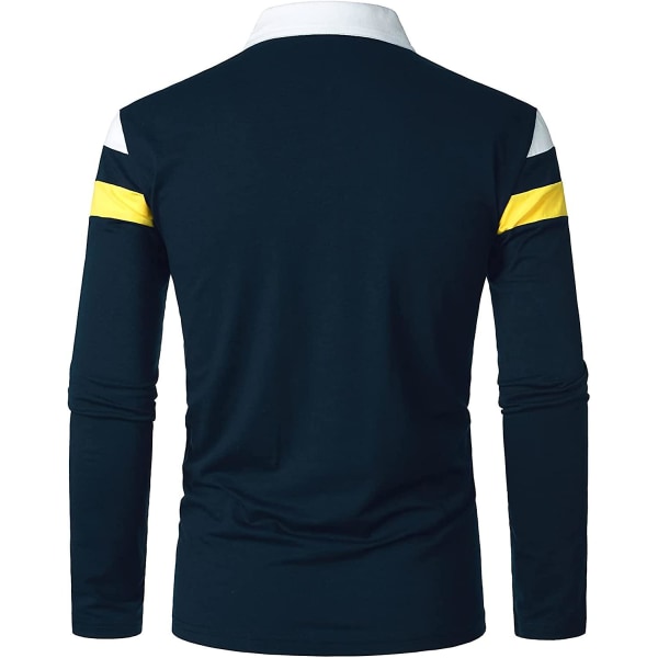 Herr Casual Långärmad Polotröjor Kontrastfärg Patchwork Bomull Tee Toppar Navy L