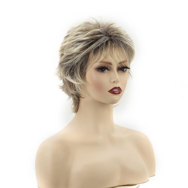 Korta blonda nisseskurna peruker för vita kvinnor Mörkbrun Ombre Blont syntetiskt hår peruker Naturligt utseende peruk