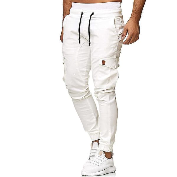 Herr Elastisk Midja Cargofickor Byxor Slim Fit Sport Combat Cuffed Byxor White 2XL