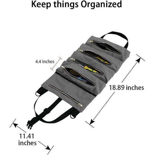 Værktøjsrulle RealPlus Multi-Purpose Canvas Værktøjsrulle Skruenøgle Rullepose Rulle Værktøjstaske med 5 Lynlåslommer Værktøjsorganisatorer til Bil Motorcykel Gray