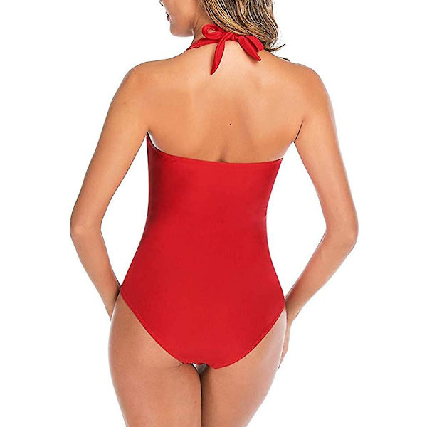 Badedragt i ét stykke til kvinder, retro rynket badetøj, halterneck, ensfarvet 01 red XS