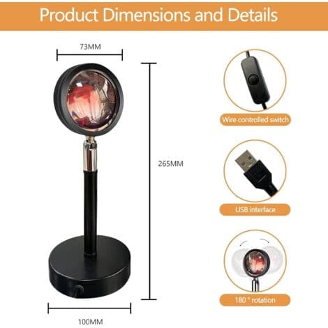 Solnedgangslampe, Solnedgangsprojeksjon LED-lys, Projeksjonslampe, Solnedgangslampe, USB-drevet, for å dekorere ditt eget mediebakgrunnsrom